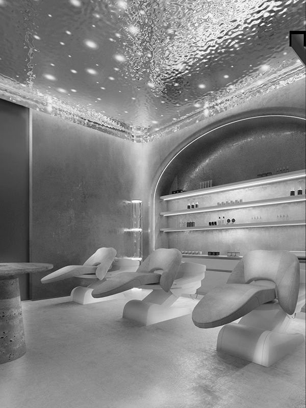 Interior of the studio with arched shelving and treatment chairs